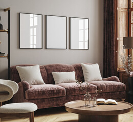 Poster frame mock-up in modern living room, furnished home interior background, 3d render