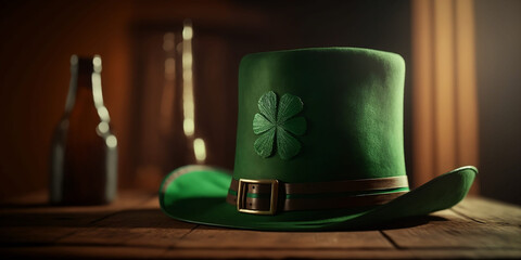 Happy St Patrick's Day. A green leprechaun hat with shamrock rests on a wooden table. Background for the banner. Themed holiday concept. Generative AI