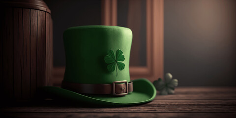 Happy St Patrick's Day. Green leprechaun hat with shamrock in the tavern. Dark background for the banner. Holiday concept. Generative AI