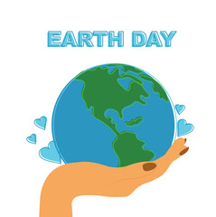 Wallpaper for Earth Day. Hand holding earth with hearts.Vector illustration in flat style.