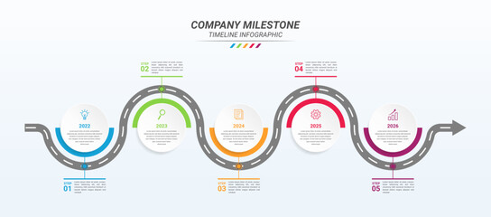 Curve Road Map Infographic Template and Business Icon with Five Steps. Company Milestone Infographic with Road and 5 Step Points for Presentations, Finance Reports, Web Design, and Yearly Reports.