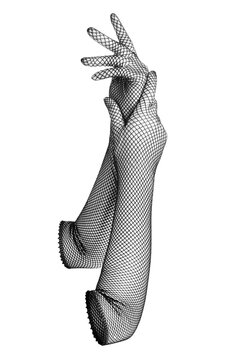 Close-up shot of long black evening gloves. Classic translucent gloves are made out of elastic mesh fabric. Long gloves are isolated on white background. Side view.