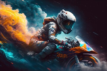 Fototapeta na wymiar A moto rider riding a powerful motorbike incolorful flames with dark background. Generative ai 