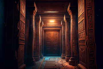 illustration of egyptian wall with hieroglyphs inside the pharaoh's tomb. AI - obrazy, fototapety, plakaty