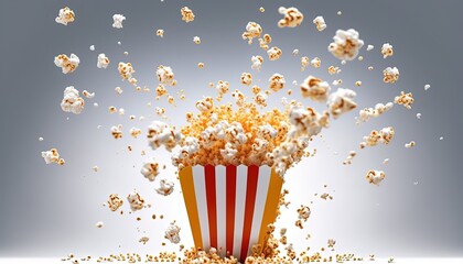  Flying popcorn from paper striped bucket isolated on white background, concept of watching TV or cinema in 3d illustration by ai generative - obrazy, fototapety, plakaty
