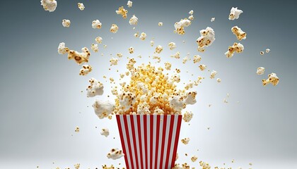  Flying popcorn from paper striped bucket isolated on white background, concept of watching TV or cinema in 3d illustration by ai generative - obrazy, fototapety, plakaty