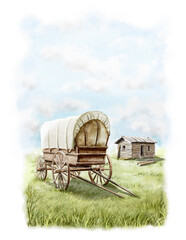 Watercolor vintage old covered wagon of first settlers next to log house in grassy meadow isolated on white background. Hand drawn illustration sketch - obrazy, fototapety, plakaty
