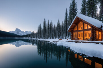 Obraz premium Cabin in the forest by the lake during winter, Generative AI