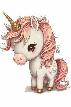Petite licorne rose, dessin kawaii trop mignon, fond blanc, IA g&eacute;n&eacute;rative