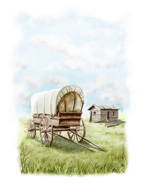 Watercolor vintage old covered wagon of first settlers next to log house in grassy meadow isolated on white background. Hand drawn illustration sketch