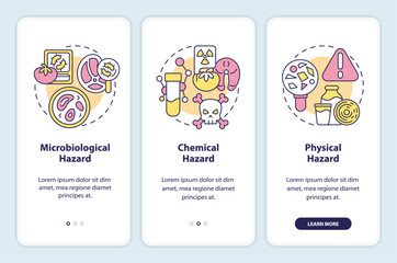 Food safety hazard onboarding mobile app screen. Health walkthrough 3 steps editable graphic instructions with linear concepts. UI, UX, GUI template. Myriad Pro-Bold, Regular fonts used