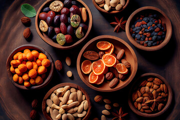 assorted nuts and dried fruit background. Generative Ai
