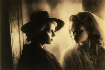 Illustration of two ladies, year about 1900. Sepia picture. Fictional characters. Created with Generative AI technology.