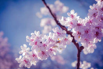 Fototapeta na wymiar Pink cherry blossom branch, blurred blue sky. Generative AI. 