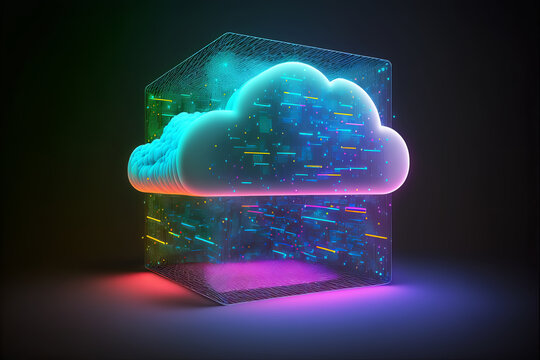 Cloud computing Data Base Technology concept with glowing neon structures on a dark background. Generative AI illustration