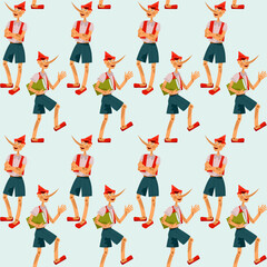 Fairy tale wooden boy with a long nose. Pinocchio. Seamless background pattern