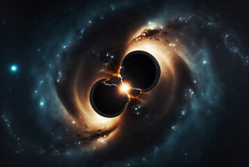 Two black holes absorbing each other. Strange universe. Generative AI