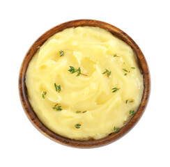 Bowl of delicious mashed potato with thyme isolated on white, top view