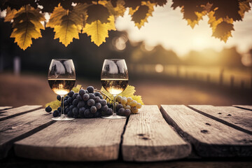 Old wooden tabletop with a blurry backdrop of grapes and a vineyard.Glasses of white wine. Wine product tabletop design with a rural environment. Banner for a winery exhibition setup. Generative AI
