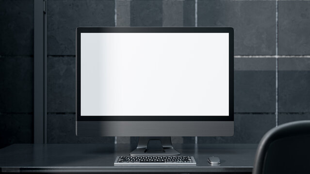 Computer Mock-Up on work desk and in office dark room. Designed in minimal concept. Can be used in education or business background. 3d render.