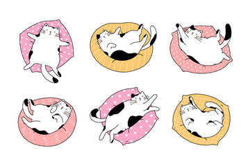 Hand drawn character collection with cute cats lying on the pillow. Adorable kittens sleeping on cosy pet cushion. Vector design concept. Outline illustration cartoon style.