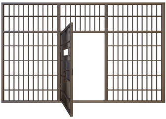 Prison metal bars, open cell door and keys. 3D Prison cells, Iron jail cage. Crime, punishment and amnesty concept.