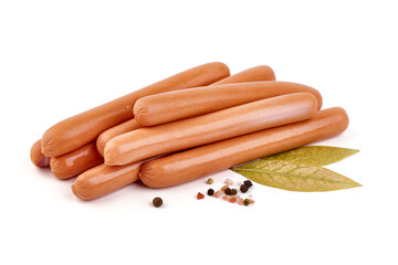 Boiled sausages with basil, isolated on white background.
