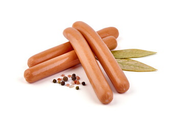 Boiled sausages with basil, isolated on white background.
