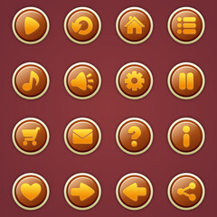 A Collection of GUI Vector brown round buttons with icons of the user interface of casual mobile games and applications. Modern brown round buttons in cartoon style.