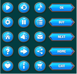 A Collection of GUI Vector blue buttons with editable text effect for the design and icons of the user interface of casual mobile games and applications. Modern buttons buttons in fantasy style.