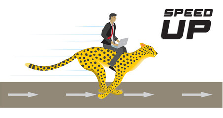 Man with laptop riding on fast running cheetah. Road with arrows. Isolatedon white. Vector illustration. © Eva Almqvist