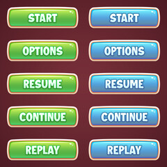 A Collection of Vector green and blue buttons with editable text effect for the design of the user interface of casual mobile games and applications. Modern green and blue buttons in realistic style.