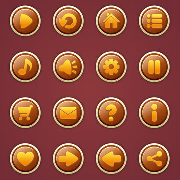 A Collection of GUI Vector brown round buttons with icons of the user interface of casual mobile games and applications. Modern brown round buttons in cartoon style.
