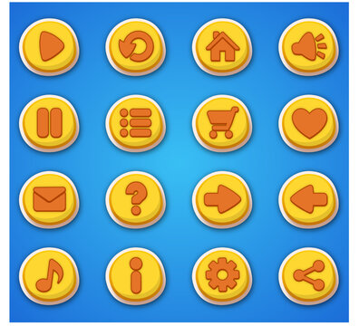 A Collection of GUI Vector yellow round buttons with icons of the user interface of casual mobile games and applications. Modern yellow round buttons in comic style.