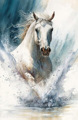  White horse, abstract watercolor. Generative AI.