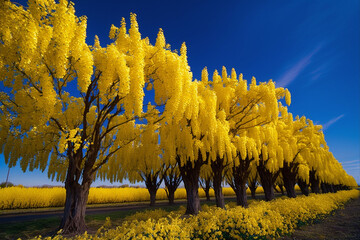 Stunning field of Laburnum trees in full bloom with vibrant yellow flowers shining under a clear blue sky. Petals come alive in the sun's warmth, filling the air with sweet fragrance - obrazy, fototapety, plakaty