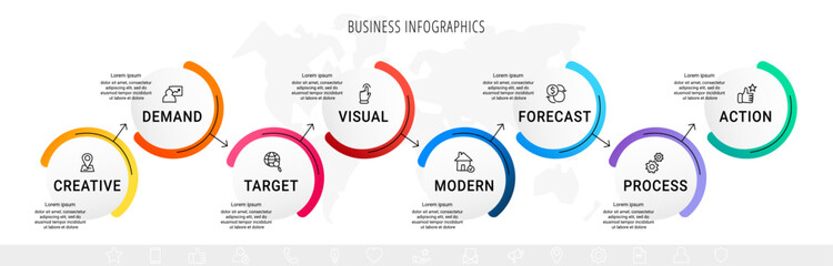 Vector business infographics template. Timeline with eight circle, icon, arrow, steps, 8 number options. Can be used for workflow layout, diagram, chart, banner, web design. Modern illustration