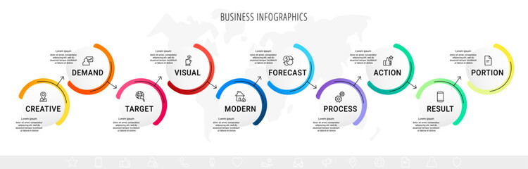 Vector business infographics template. Timeline with ten circle, icon, arrow, steps, 10 number options. Can be used for workflow layout, diagram, chart, banner, web design. Modern illustration