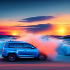 Fototapeta na wymiar blue SUV with waves and sunset in the background - generative ai
