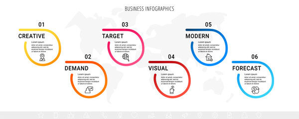 Vector line infographics with 6 circles. Business concept graphic process template with six steps. Graphic timeline for app, website, interface, chart, levels, web, diagram, banner, presentations