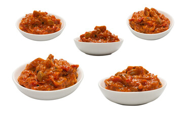 Vegetable stew in a bowl isolated on white background.