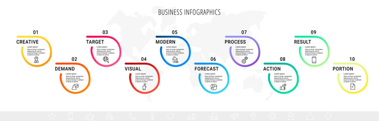 Vector line infographics with ten circles. Business concept graphic process template with 10 steps. Graphic timeline for app, website, interface, chart, levels, web, diagram, banner, presentations