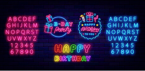 Birthday party neon labels set. Happy Birthday invitation. Glowing blue and pink alphabet. Vector stock illustration