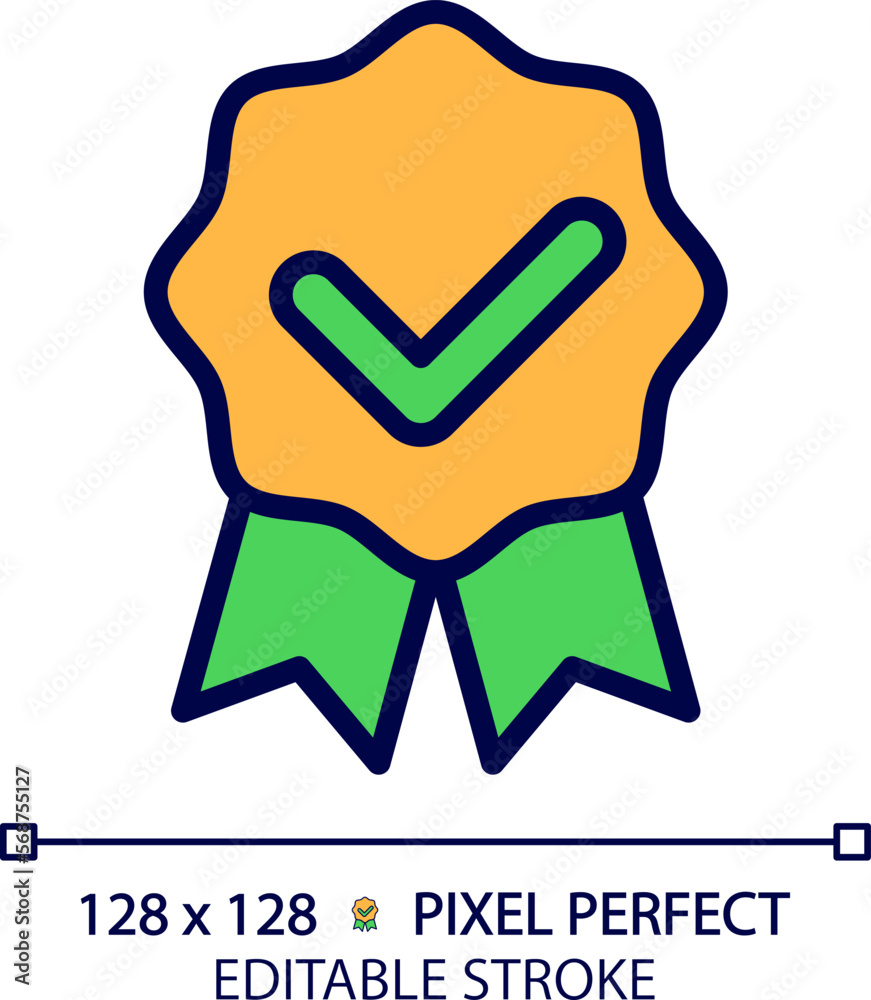 Sticker Award badge with check mark pixel perfect RGB color icon. Medal with ribbons and tick. Prize for competition winner. Isolated vector illustration. Simple filled line drawing. Editable stroke