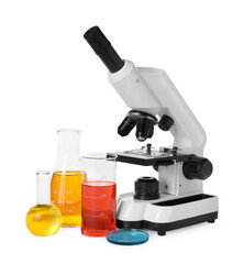Laboratory glassware with colorful liquids and microscope isolated on white