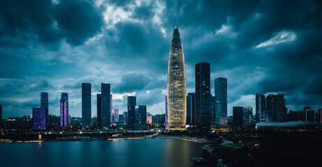Fototapeta premium Aerial view of night landscape in Shenzhen city,China