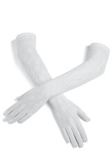 Obraz premium Close-up shot of long white wedding gloves. Classic translucent gloves are made of elastic lace fabric. Long gloves are isolated on white background. Front view.