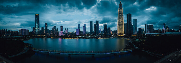 Aerial  panorama view of night landscape in Shenzhen city,China