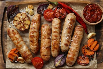 Tasty grilled sausages and products on wooden board, flat lay