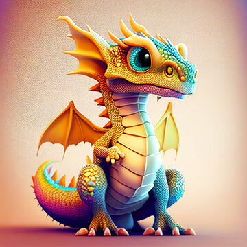 Adorable and cute dragon lizard Illustation, children-friendly cartoon in fantasy style, Generative AI